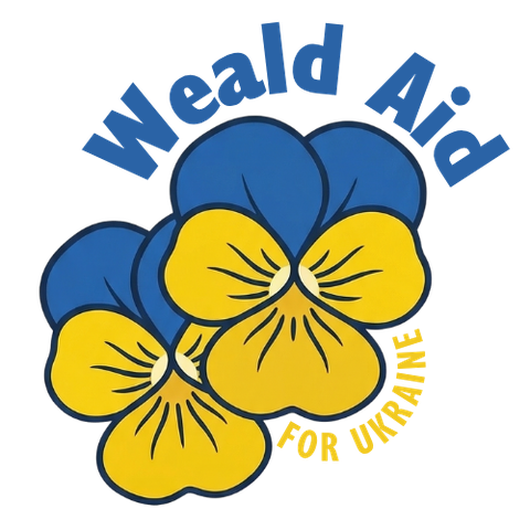 Weald Aid for Ukraine logo: two blue and yellow flowers, like the one Martin found in Kyiv